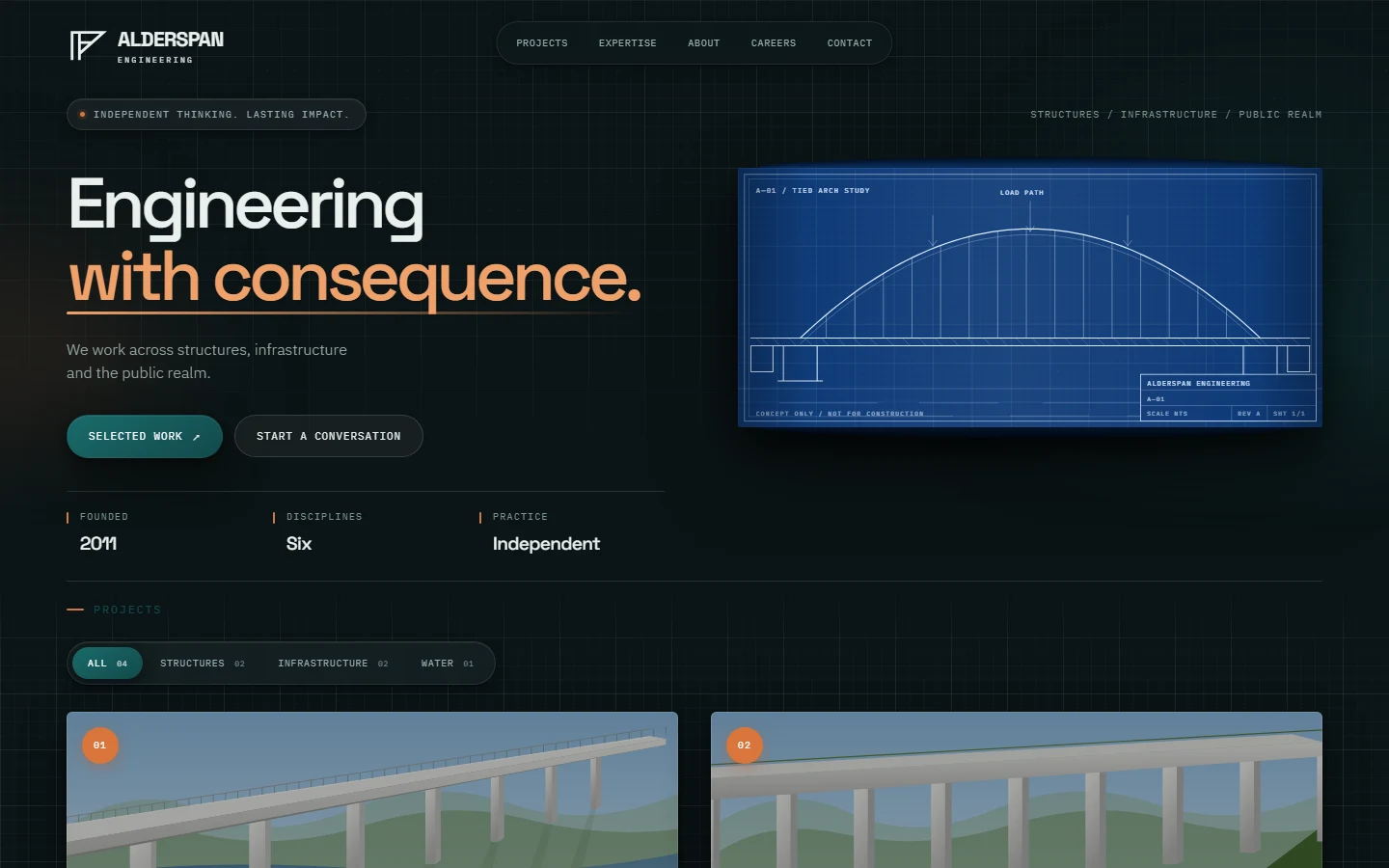 Alderspan Engineering homepage hero reading “Engineering with consequence.” beside a tied-arch structural drawing