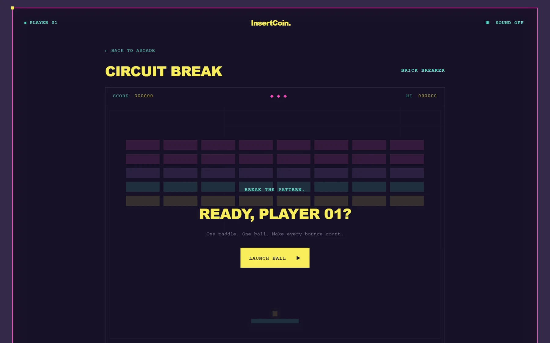 Circuit Break gameplay view with score readouts and a launch-ball prompt