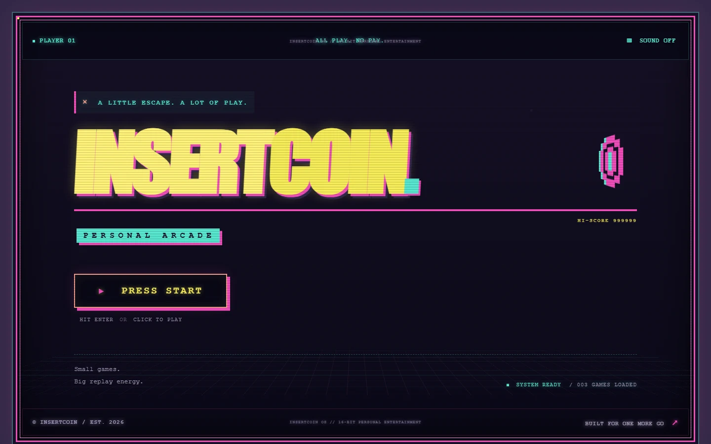 InsertCoin title screen with a large wordmark and a press-start button