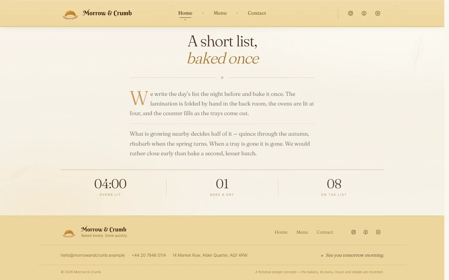 Lower menu items and the footer showing hours, contact details, and the bakery mark