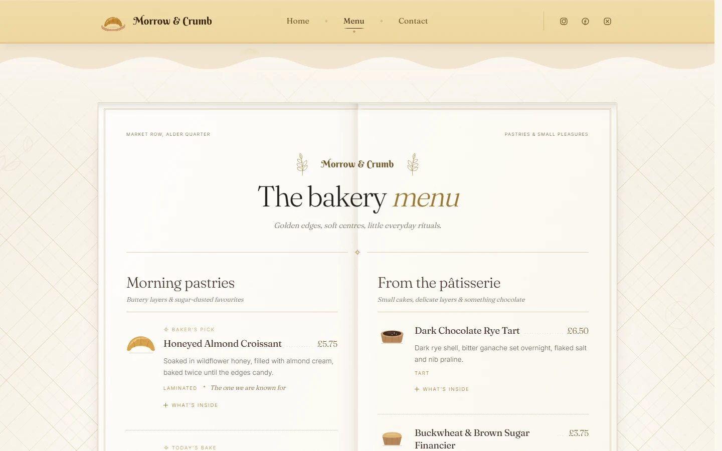 Menu grid of pastries, each with a drawn illustration, price, and description