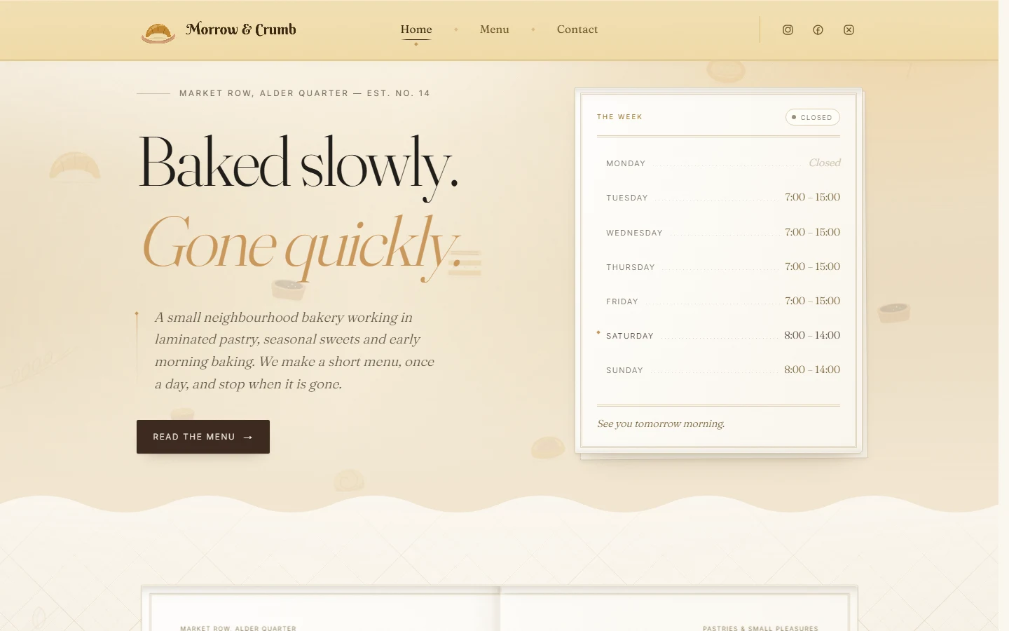 Morrow & Crumb homepage after the logo animation, with the hand-and-croissant mark and the headline “Baked slowly. Gone quickly.”